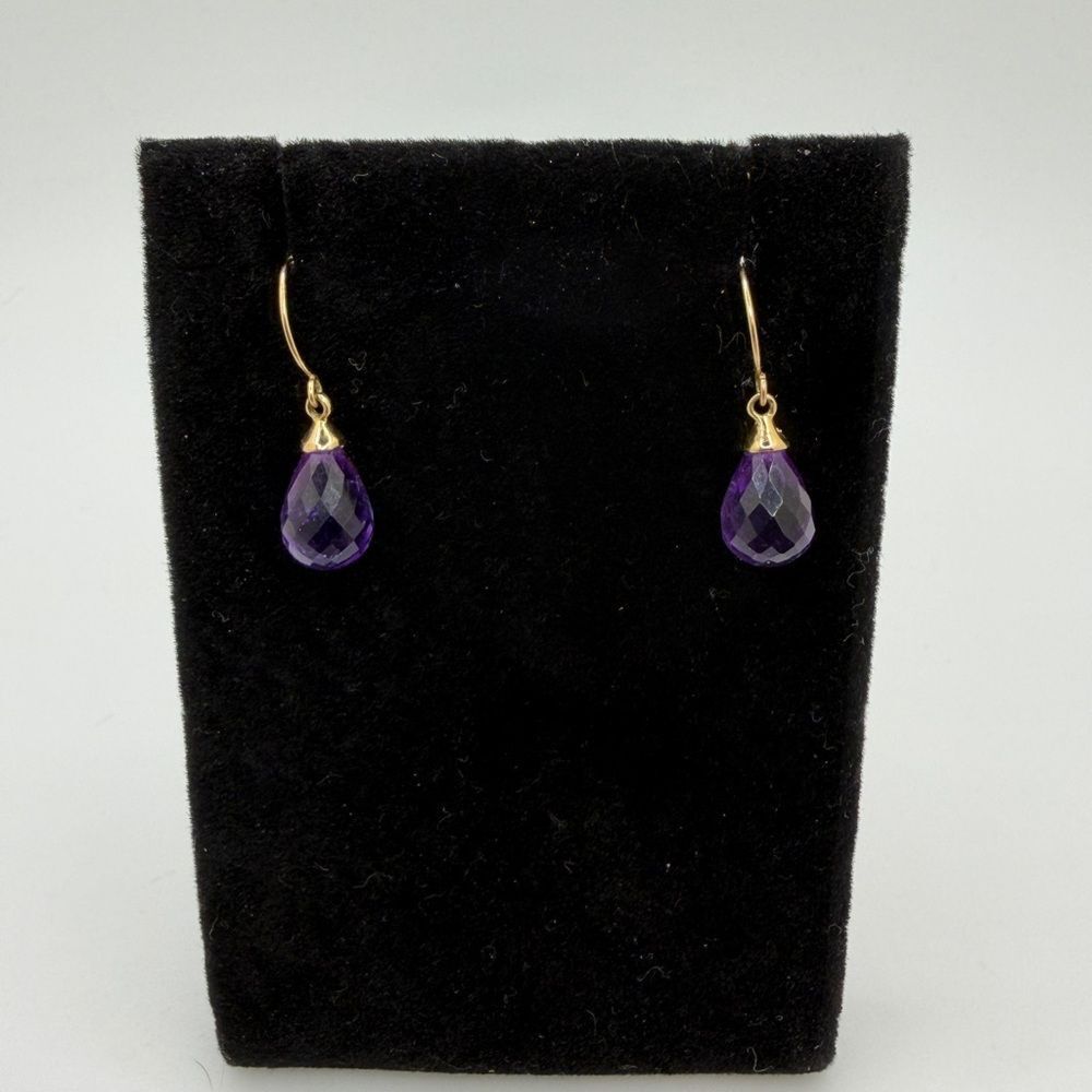 ~.65",11x7mm briolette cut AMETHYST dainty dangle earrings in 14kt yellow gold!